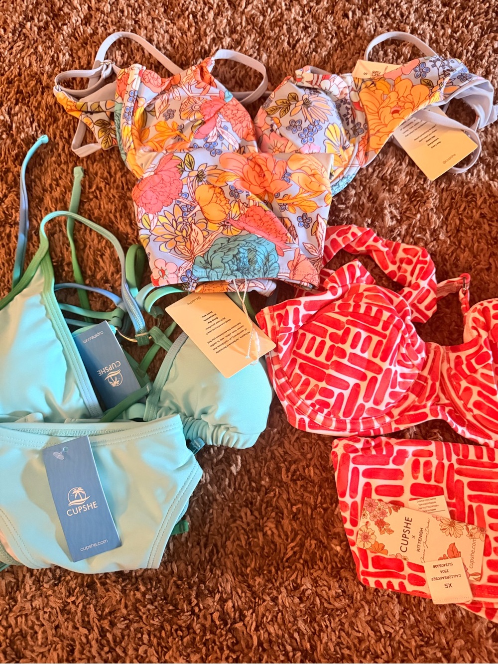 Cupshe Assorted Floral, Aqua & Coral Print Swim  Suits. 3 Complete Sets.